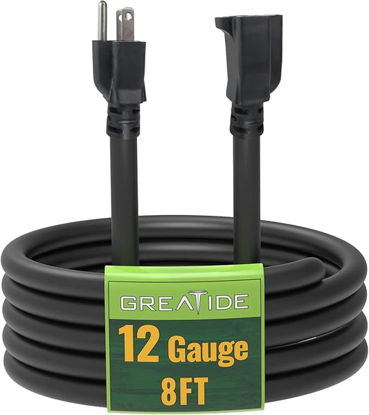 8 Ft Outdoor Extension Cord - 12/3 SJTW Heavy Duty Black Extension Cable with 3 Prong Grounded Plug - Power Cord for Lawn, Garden, Appliances