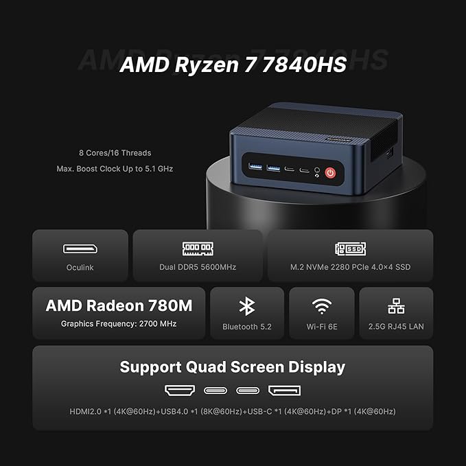 BOSGAME M4 Oculink Mini PC Ryzen 7 7840HS, Radeon 780M GPU Gaming Computers, 11 Pro-OS Desktop PC, 32GB DDR5 RAM, 1TB PCIe 4.0 NVMe 2280 SSD, Wi-Fi6, BT 5.2