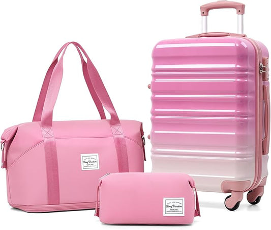 LONG VACATION Carry On Luggage Sets 3 Piece 20 Inch Suitcase Set, ABS+PC Hardshell Lightweight Travel Luggage with Spinner Wheels & YKK Zipper TSA Lock (Pink and White, 20 INCH)