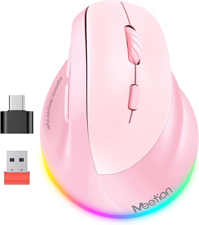 MEETION Ergonomic Mouse, Wireless Vertical Mouse RGB Backlit Rechargeable Mice for Bluetooth(5.2 + 3.0) USB-A with Type-c Adapter 4 Adjustable DPI Compatible Mac/Windows/Andriod/PC/Tablet/iPad Pink