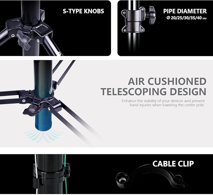 【16' Heavy Duty】 RAUBAY Extreme Tall Video Camera Sports Tripod Stand Air-Cushioned Telescoping Aluminium Alloy Light Stand with 1/4"& 3/8" Screw Adapter, Professional Sky High Tripod - TT480 Black…