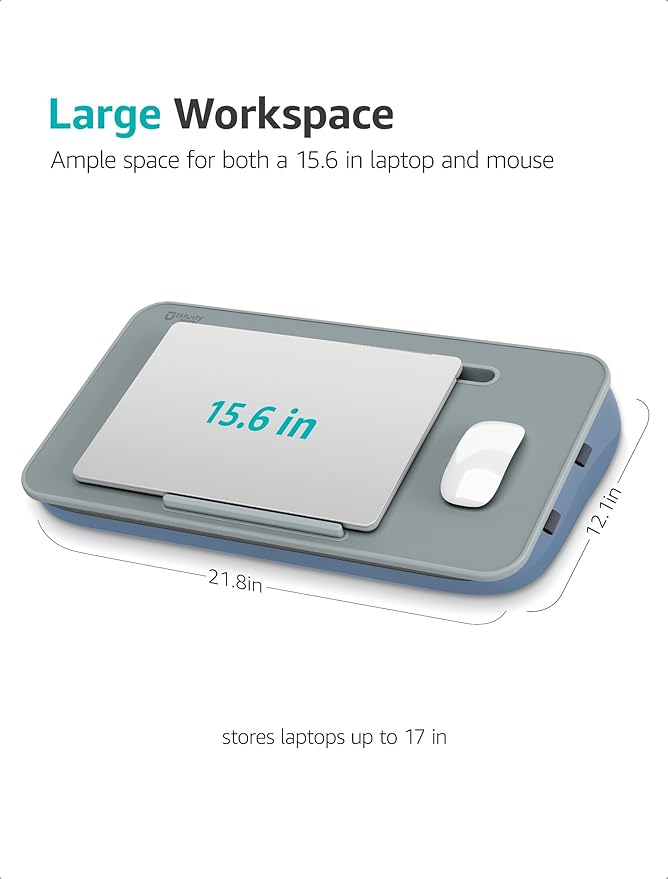Istudyniture Lap Desk | Portable Laptop Desk & Stand – Fits Up to 17 inch – Washable Cushion, Built-in Phone Holder – for Bed, Couch, Sofa, Floor – Writing, Reading, Home Office – Large, Grayish Blue