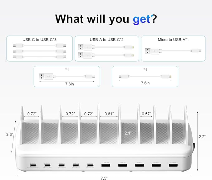 260W Cell Phone Charging Station for Multiple Devices, 10-Port USB C Fast Charger Hub for MacBook, iPhone, Android, iPad, Tablet, Kindle, Family Multi-Device Organizer Charging Dock, White