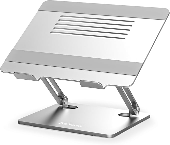 BoYata Laptop Stand, Adjustable Laptop Riser with Slide-Proof Silicone and Protective Hooks, Aluminum Notebook Stand for Laptop up to 15 Inches, Laptop Holder Compatible for MacBook (Silver-2)