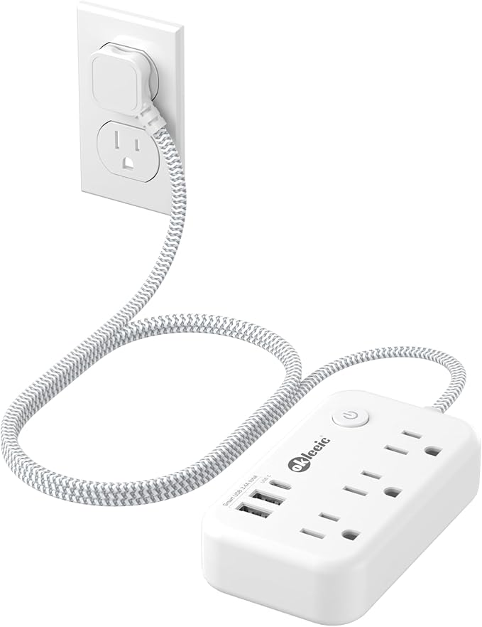 Small Extension Cord 5 ft - Flat Plug Power Strip Surge Protetor with 3 AC Outlets 3 USB (5V/3.4A 17W) Charging Ports, Multi Plug Outlet Splitter for Home Bedroom Hotel Office Desktop Accessories