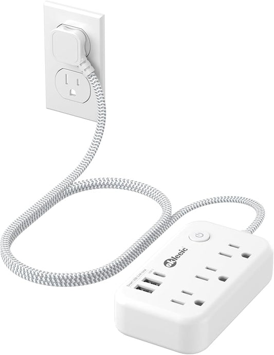 Small Extension Cord 5 ft - Flat Plug Power Strip Surge Protetor with 3 AC Outlets 3 USB (5V/3.4A 17W) Charging Ports, Multi Plug Outlet Splitter for Home Bedroom Hotel Office Desktop Accessories