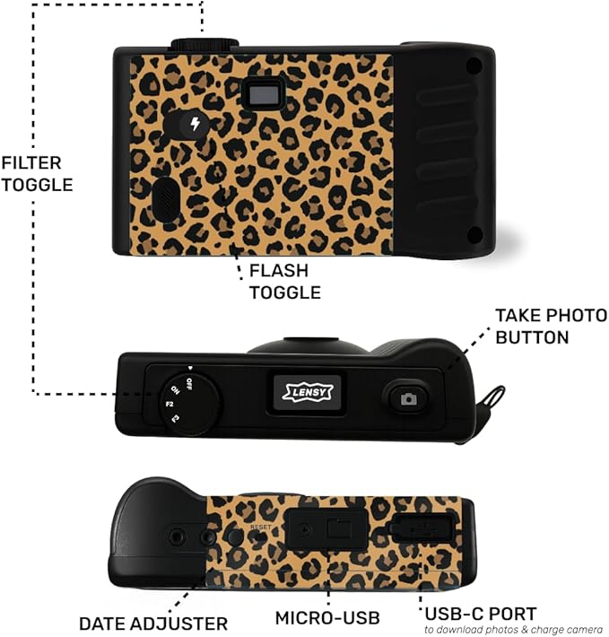 LENSY Screen Free Digital Camera | Four Built in Filters | Rechargeable, 8mp, Lightweight, Focus-Free, Auto-Flash, Easy-to-Use, Reusable, Retro Film-Style Photos (Cheetah Print)