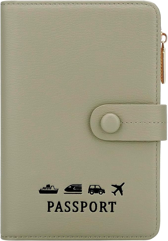 DOB SECHS Passport Holder Wallet for Women, Leather RFID Blocking Passport Cover Credit Cards Case Women Travel Accessories Organizer Pouch Bag with ID Window+Zippered Cash Pocket+SIM Slots, Green