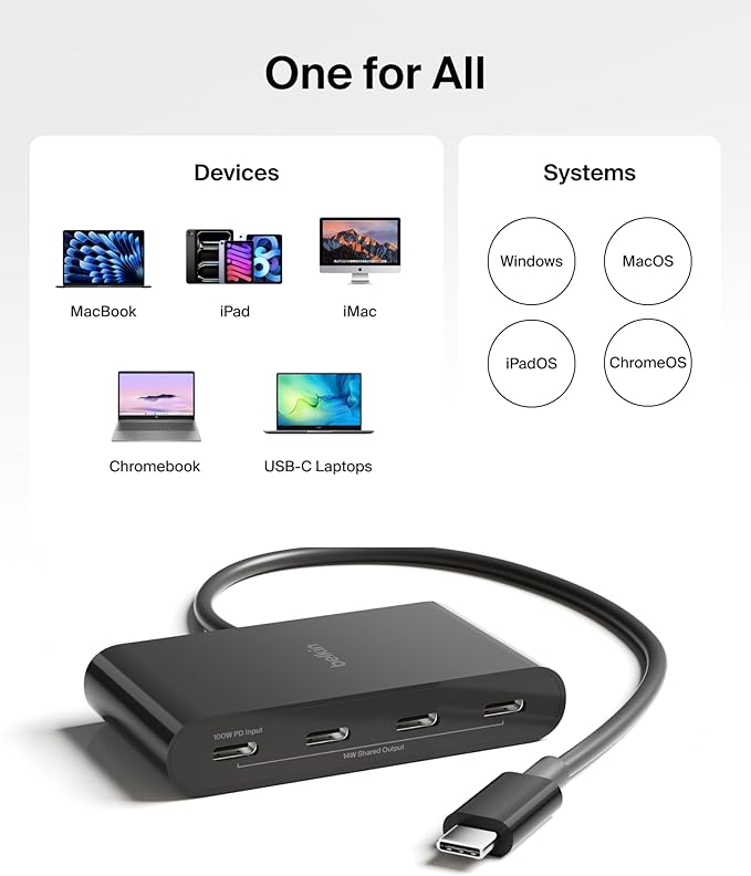 Belkin Connect USB-C to 4-Port Hub, Multiport Adapter with 4 USB-C 3.2 Gen2 Ports & 100W PD with Max 10Gbps High Speed Data Transfer for MacBook, iPad, Chromebook, PC, and More, Blac