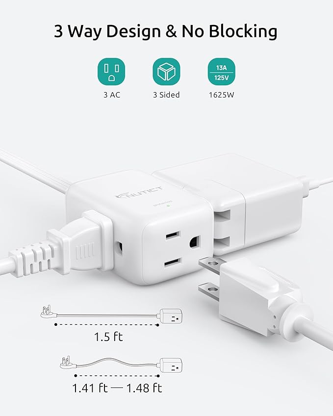 Flat Extension Cord Short 1.5ft, ETL Listed, NUTICT 3 Prong Indoor Extension Cord with 900J Surge Protector, 13A/1625W, Left Angle Flat Wall Plug, Small Outlet Extender for Kitchen Bathroom, White