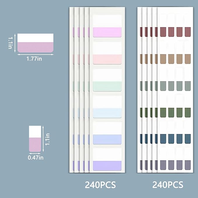 ELII 480 Pcs Morandi Tabs 2 Inch Sticky Index Tabs,Book Tabs Writable and Repositionable File Tabs Flags, Colored Page Markers 12 Colors