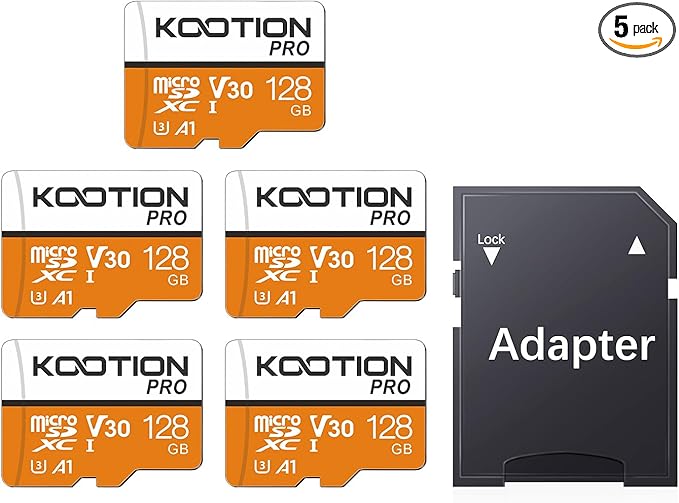 KOOTION 5 Pack Micro SD Cards 128GB, U3 microSDXC Flash Memory Card for 4K Video Recording, A1, V30, Full HD, C10 TF Card with Adapter