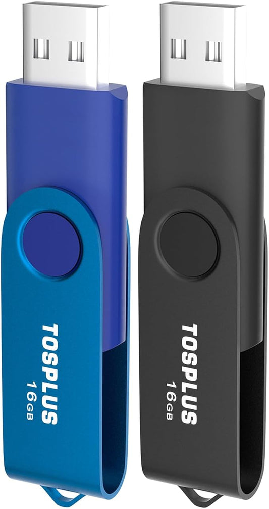 2 Pack 16GB USB Flash Drives USB 2.0 Thumb Drives Memory Stick Data Storage Jump Drive Swivel Design (Black/Blue)