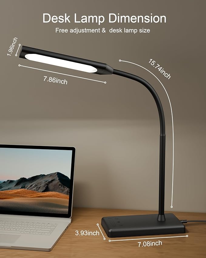 LED Desk Lamp Touch Control Desk Lamp with USB Charging Port 5 Color Modes 6 Brightness Levels Dimmable Eye-Caring Office Lamp with Memory Function 1h Timer Adjustable Gooseneck Table Lamp