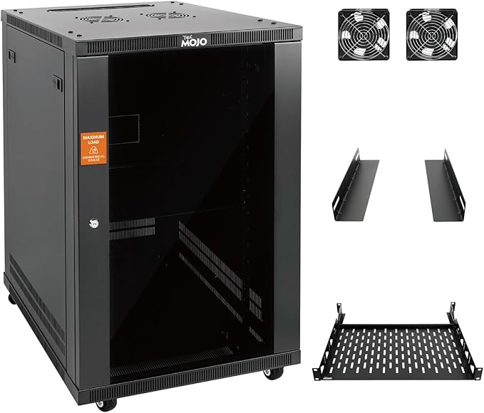 Tecmojo 18U Wall Mount Rack,18U Rack 23.6 Inch Depth,Hold Up to 176 Lbs,Server Rack with Casters,Enclosed Network Cabinet Kit for 19 Inch Network,Server and AV Gear,Glass Door(Elite Collection)