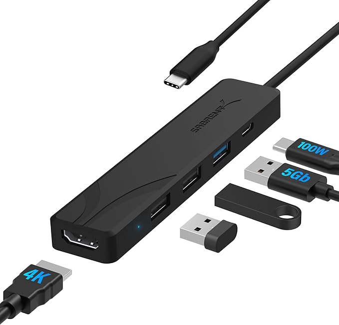 SABRENT USB-C Hub 5-in-1 with 4K HDMI, 100W PD Charging (Input Only), 1x USB 3.0, 2X USB 2.0 – No Data on USB-C Port – Compatible with MacBook, Windows, Linux (HB-TC5P)
