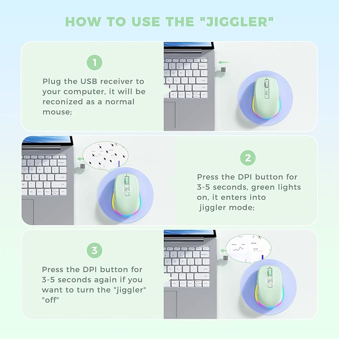 PEIOUS Wireless Mouse Jiggler - LED Wireless Mice with Build-in Mouse Mover, Rechargeable Moving Mouse for Laptop with Undetectable Random Movement Keeps Computers Awake-Light Green