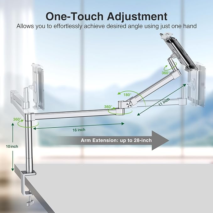 elitehood iPad Holder Stand for Desk & Bed, 28-inch Tablet Arm Mount with Clamp, Easy Adjustable Aluminum iPad Desk Mount for Office Home, Compatible with 4/7-13in Tablets and Cell Phones, Sliver