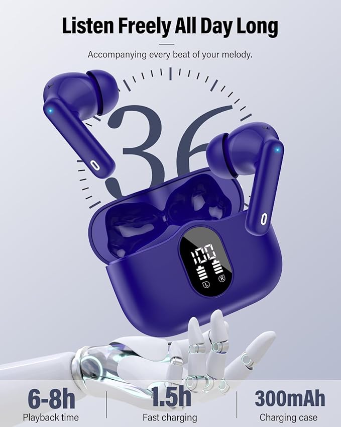 Wireless Earbuds, Bluetooth 5.4 Headphones Bass Stereo, Ear Buds with Noise Cancelling Mic, LED Display in Ear Earphones Clear Calls, IP7 Waterproof Bluetooth Earbuds for Laptop/Phones, Dark Blue