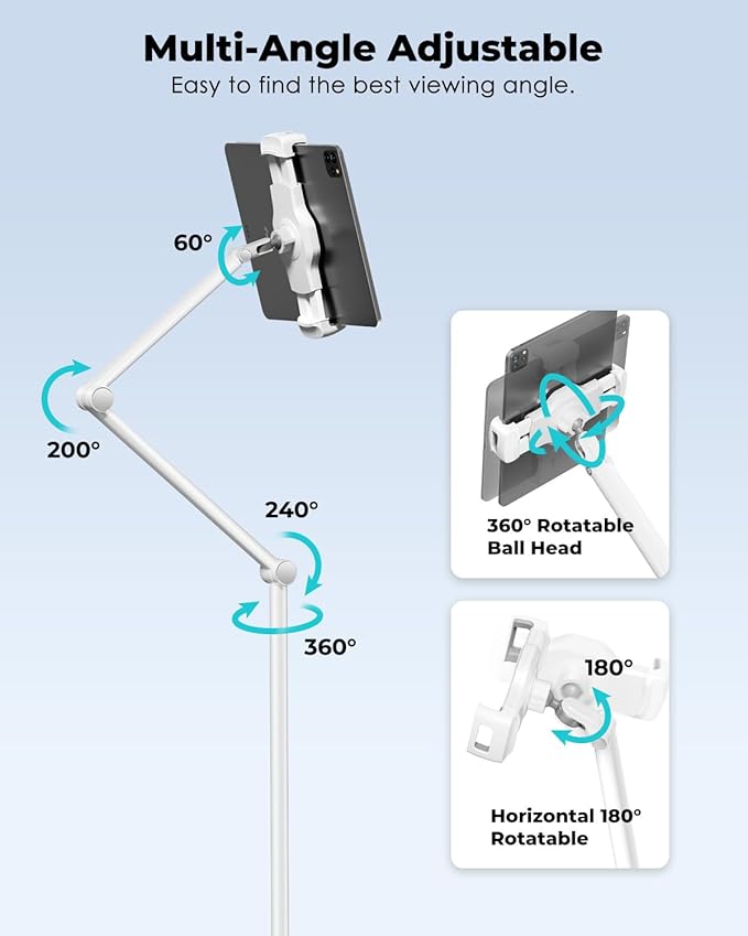 Viozon Tablet Floor Stand Holder, Compatible with 4.7"-13" Phone/Tablet, iPhone 15 Plus/Pro Max iPad,Kindle, 68" Phone Stand, Aluminum Alloy, Universal 360° Rotatable,for Bed,Sofa,Desk,White