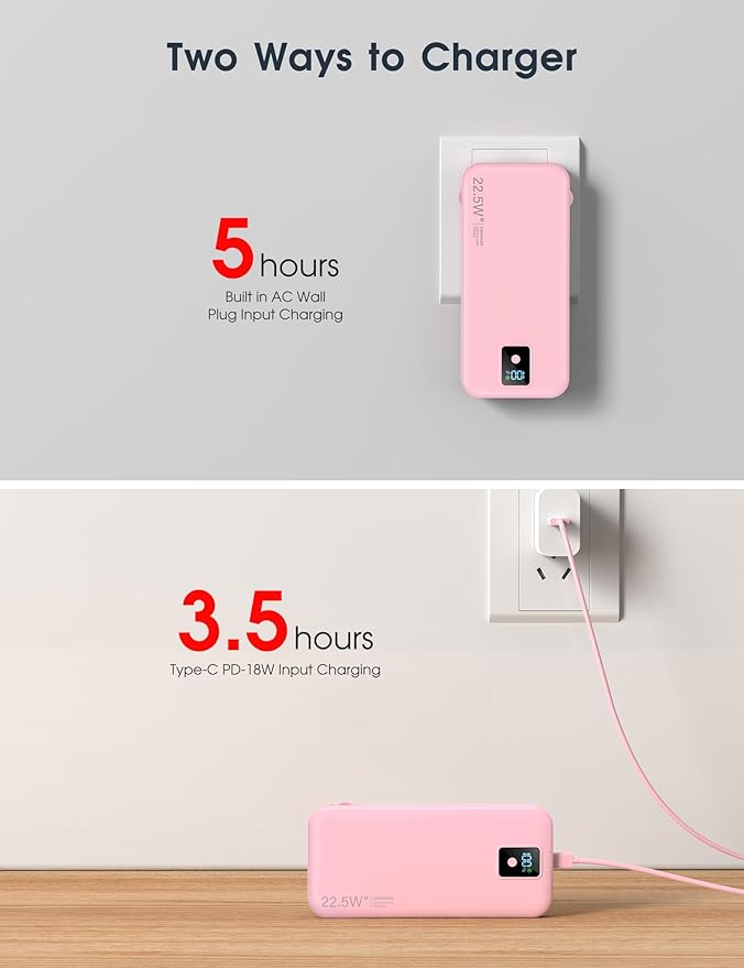 Portable Charger, 12000mAh 22.5W Fast Charging Power Bank with Built-in Cables & Wall Plug, Travel Essential Battery Pack with LED Display, USB C Battery Phone Charger for iPhone, iPad, Samsung Pink