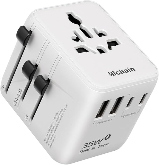 Hichain 35W 7-in-1 Universal Travel Adapter, Adapter for Europe Plug Fast Charging Universal Power Adapter Block, GaN Travel Adapter Worldwide Portable International Travel Plug Compact Size
