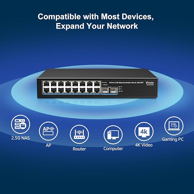 18 Port 2.5G Switch Unmanaged, 16 Ports 2.5Gbase-T Ethernet Switch+2X 10G SFP, 120Gbps Switching Capacity 2.5G Switch 16 Port , Fanless, for 2.5Gbps NAS, Wireless AP & PC, WiFi6 Router, Plug and Play