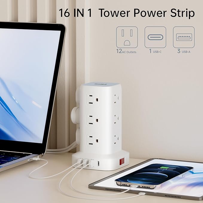 Surge Protector Power Strip Tower with Flat Plug, 10FT Ultra Thin Extension Cord with Multiple Outlets (1 USB-C), 1020J Protection，Desk Charging Station for Office, Dorm Room Essentials