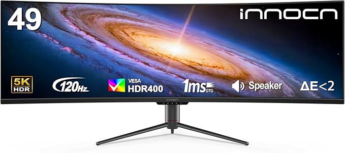 INNOCN 49" Curved Monitor Ultrawide Gaming 120Hz 32:9 QHD 5120 x 1440P Computer Monitor, R1800, 99% sRGB, HDR400, USB Type C, DisplayPort, HDMI, Built-in Speakers, Height/Tilt Adjustable - 49C1R