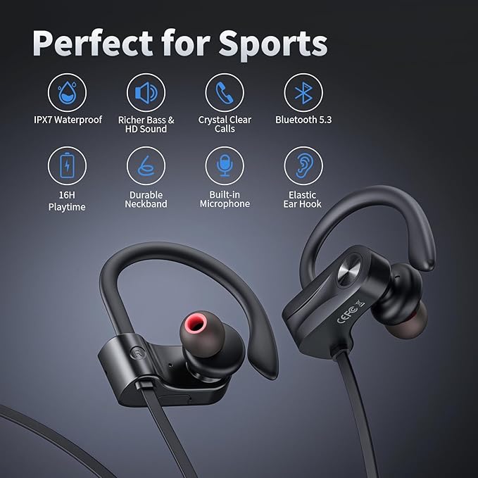 JOYWISE Bluetooth Headphones, Wireless Earbuds Bluetooth 5.3 Headphones with 16Hrs Playtime Stereo Bass Headsets, IPX7 Waterproof Running Earphones for Sports, Black