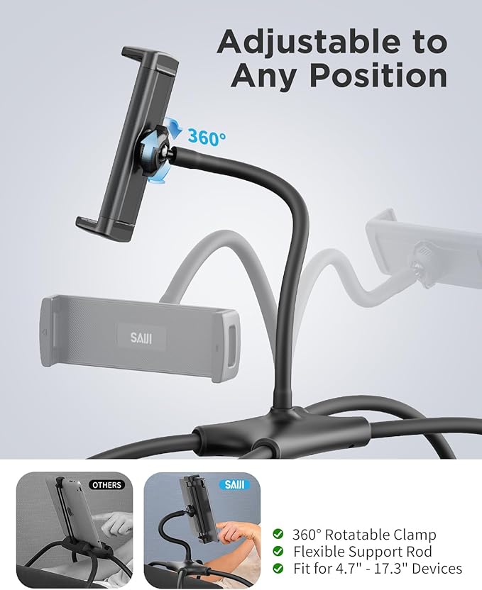 SAIJI iPad Stand, Adjustable Ergonomic Tablet Holder for Bed, Kindle Stand for Reading in Bed Fit for Tablet, Phone, Kindle, Portable Monitor, Switch and More 4.7"-17.3" Devices (Black)