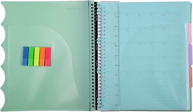 Mintra Office Durable PREMIUM Spiral Notebook, ((Sage Green, 5 Subject (8.5in x 11in)), Fabric Covered Coils, No Snags, College Ruled, Adjustable Pocket Dividers, Ruler, Organization, Student, School