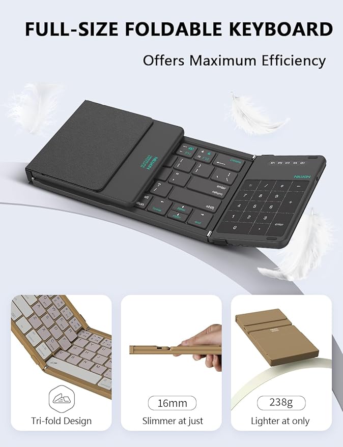 Nillkin Foldable Keyboard with Touchpad, Bluetooth Keyboard with Number Pad, Full Size Keys, Large Trackpad Small Travel Portable Keyboards for iPad Laptop PC Tablets -Black