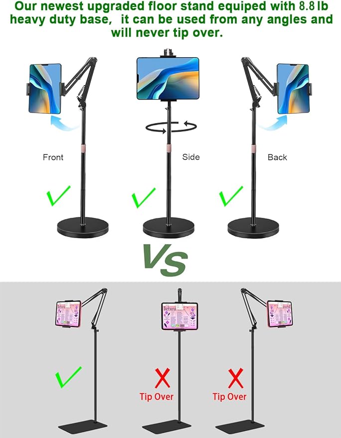 Tablet Floor Stand, Overhead Bed Phone Stand with 8.8 lb Super Stable Base & Angle/Height Adjustable, Compatible with 4.5''-13'' iPhone, iPad Pro 12.9, Galaxy Tab, Kindle, Phones