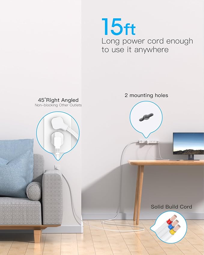 One Beat Extension Cord 15 ft,Surge Protector Power Strip with 8 Widely AC Outlets 3 USB(2 USBC),Flat Plug Power Strip,Desktop Charging Station with Overload Protection for Home,Office,Dorm,ETL Listed