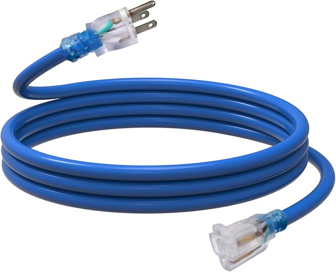 EP 10 Ft Outdoor Extension Cord, 12/3 SJTW Heavy Duty Waterproof Power Cable, 3 Prong Grounded Plug, Lighted End, for Lawn, Garden, Appliances, Blue
