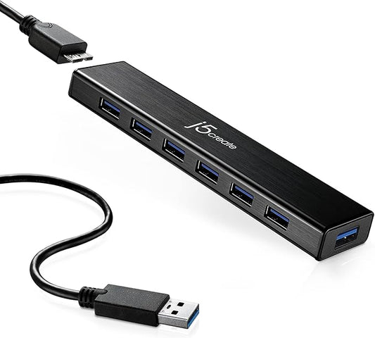 j5create 7-Port Powered USB 3.0 Data Hub with 3.3 ft Extended Cable [20W Power Adapter Included] for Mac, MacBook, Windows, Laptop, Surface, XPS, PC (JUH377)