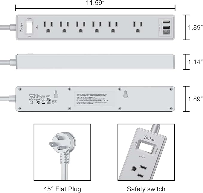 6Ft Power Strip Surge Protector - Yintar Extension Cord with 6 AC Outlets and 3 USB Ports for Home, Office, Dorm Essentials, 1680 Joules, ETL Listed, Grey