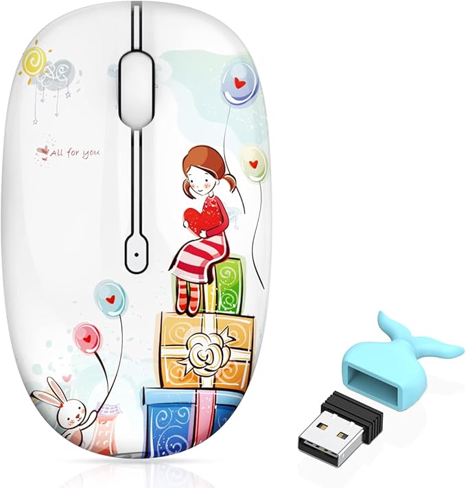 Cute Bluetooth Mouse, 2.4 GHz Wireless Mice with USB Receiver for Laptop, iPad, Mac, Silent Cartoon Mouse Suitable for Female and Students (Girl)