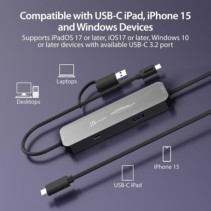 j5create iPad/iPhone to Windows Collaboration Sharing Hub, Use iPad as a Second Display for Windows Laptop, Transfer Files Between iPhone and Win PC, Wormhole Switch CrossLink (JCH422)