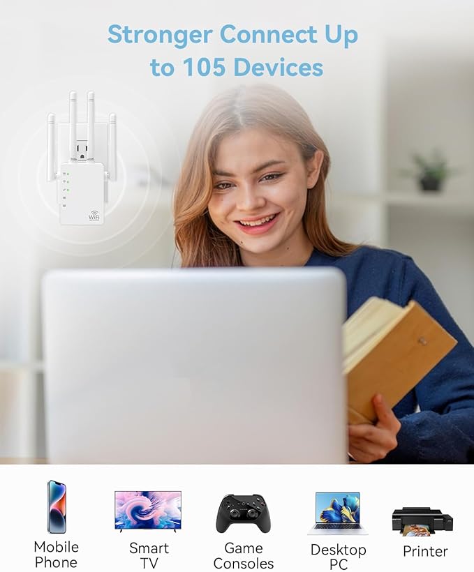 WiFi Extender Signal Booster with 1200Mbps Dual Band (Covers Up to 12880 Sq.ft for 105+ Devices), WiFi Booster with 4 Antennas 360° Coverage, WiFi Repeater with 1 - Tap Setup & Ethernet Port