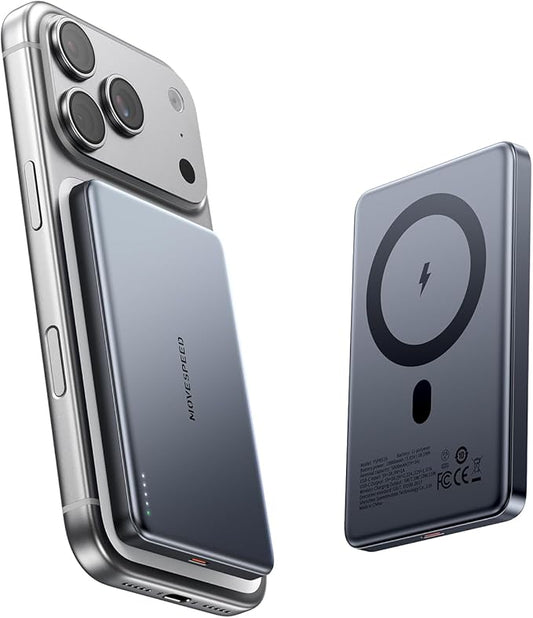 MOVE SPEED 0.5'' 10,000mAh Magnetic Power Bank, MagSafe Portable Charger iPhone 17 Air Accessories,Magsafe Battery Pack for iPhone 17 Pro Max Air/16/15/14/13/12,Travel Essential,Glacier Gray