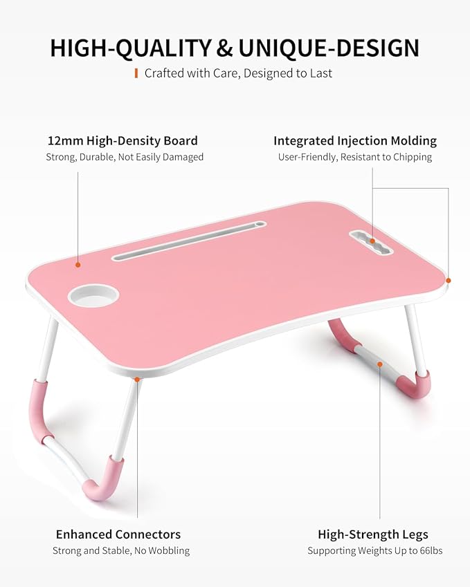 Foldable Laptop Table, Portable Lap Desk Bed Table Tray, Laptop Stand with Cup Holder & Tablet Slot & Lifting Handle for Working Writing Drawing & Eating (Pink)