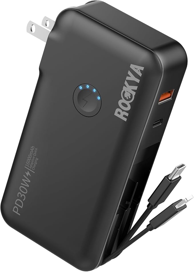 Portable Charger with AC Wall Plug and Built in Cables,PD 30W Fast Charging USB C Power Bank 16000mAh with 4 outputs,Travel Battery Pack Compatible with iPhone 16 15,MacBook,Pad,Samsung (Black)
