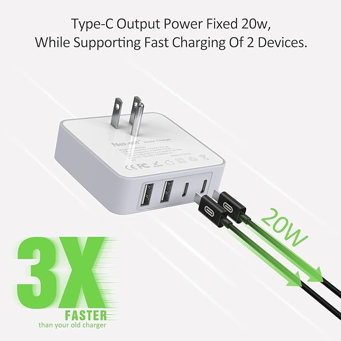 Nekmit USB C Charger, 52W 4-Port Thin Flat Fast Wall Charger Type-C Charging Station with Two 20W PD 3.0 and 2 USB Ports for iPhone 14/14 Pro/14 Pro Max, iPad Pro, Android and More (White(with cable))