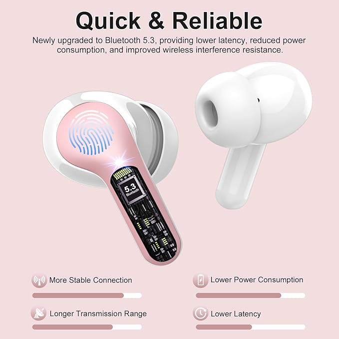 Wireless Earbuds, Bluetooth 5.4 Headphones HiFi Stereo, Bluetooth Earbuds with ENC Noise Cancelling Mic, IP7 Waterproof in Ear Earphones, 48H, LED Display Ear Buds for Pad Phones Workout Sports, Pink