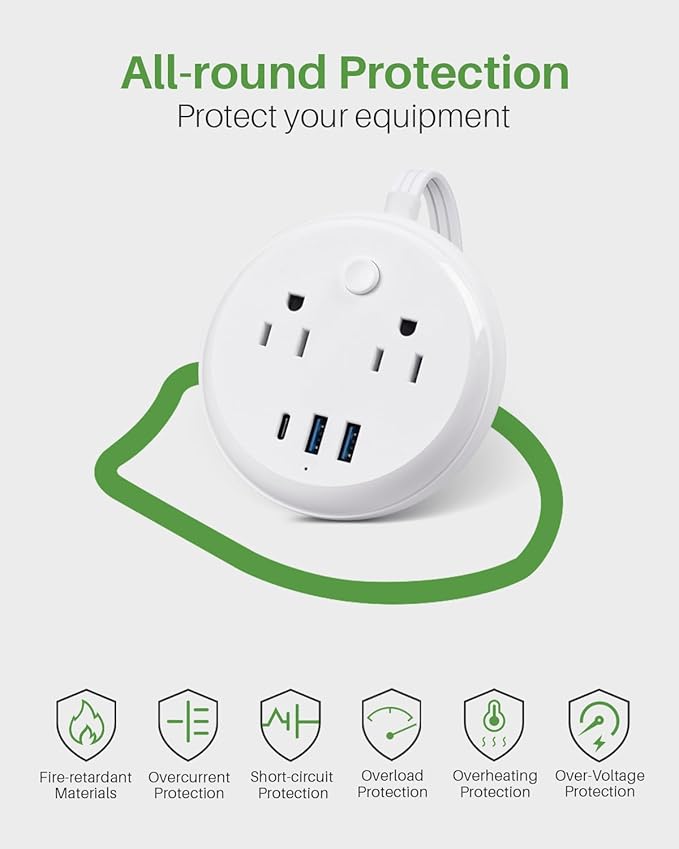 Flat Plug Power Strip with USB C Ports, KOOSLA Travel Extension Cord No Surge Protection - 2 Outlets 3 USB Ports(1250W) - Cruise Essentials for Cruise Ship, Home, Office, Dorm Room, 5ft