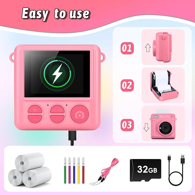 Kids Camera Instant Print, Christmas Birthday Gifts for Girls Boys Age 3-12，HD Selfie Kids Digital Camera, Portable Travel Toy for 3 4 5 6 7 8 9 10 Year Old Girls (Pink)