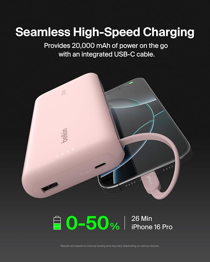 Belkin Portable Charger, Power Bank with Integrated Cable 20000 mAh 30W - Fast Charging USB C Power Delivery, iPhone Charger - iPhone 17, Air, Pro, Pro Max, iPad, Galaxy S25, & More - Pink