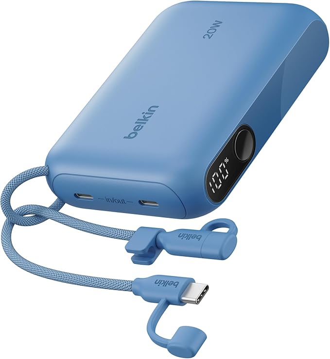 Belkin Portable Charger, Slim USB-C Power Bank 10,000mAh w/ 2 USB-C Ports, Digital Battery Display, 20W Charging Battery Pack - iPhone 17, Air, Pro, Samsung Galaxy S25, Pixel 10, iPad, & More - Blue